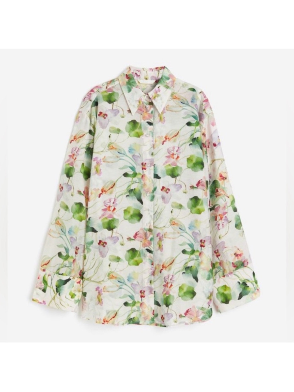 H&M Floral Watercolor Button-Up Blouse in White, Green, Pink